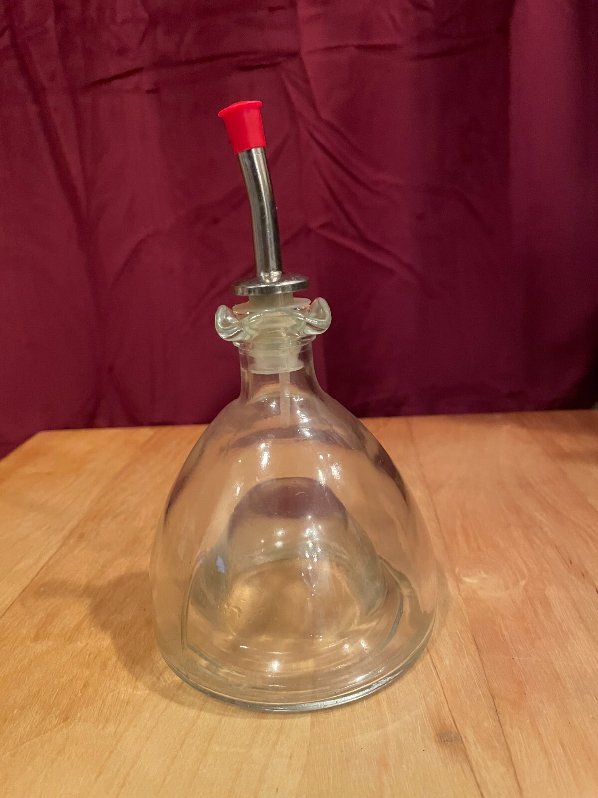 Olive Olive Oil Cruet Dispenser/Metal Spout W Cap/Clear Glass 7" H 4" W  USED