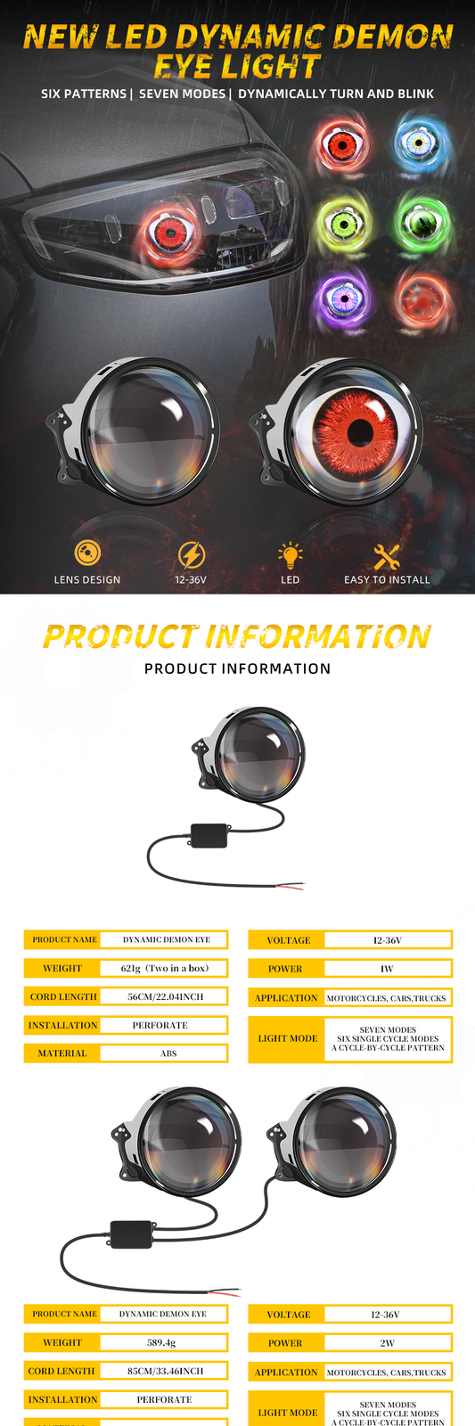 2025 12V LED Dynamic Devil Eyes Lights Car Remote Control Headlight Retrofit Kit