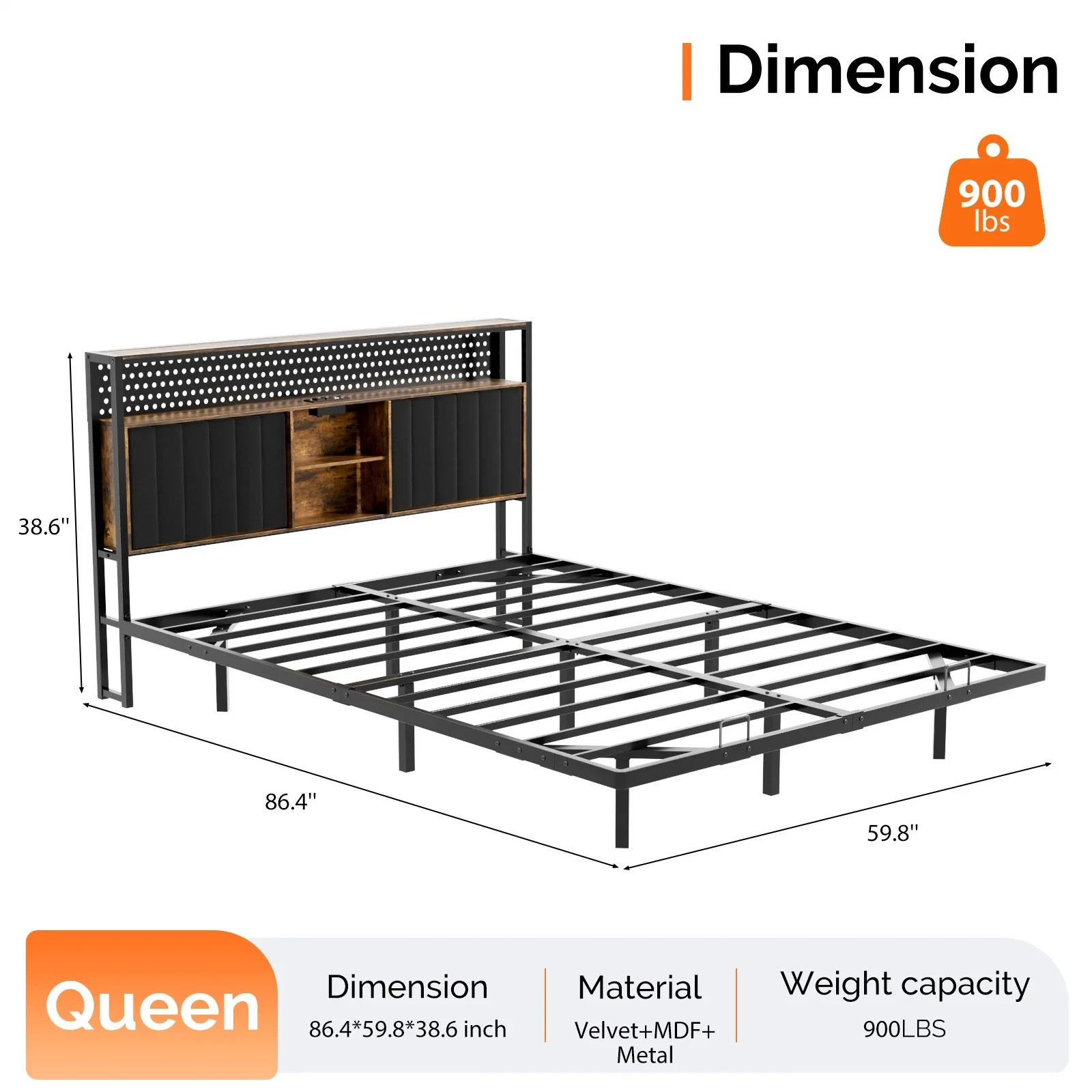 QUEEN SIZE Floating Platform Bed Frame With Charging Station Storage Headboard