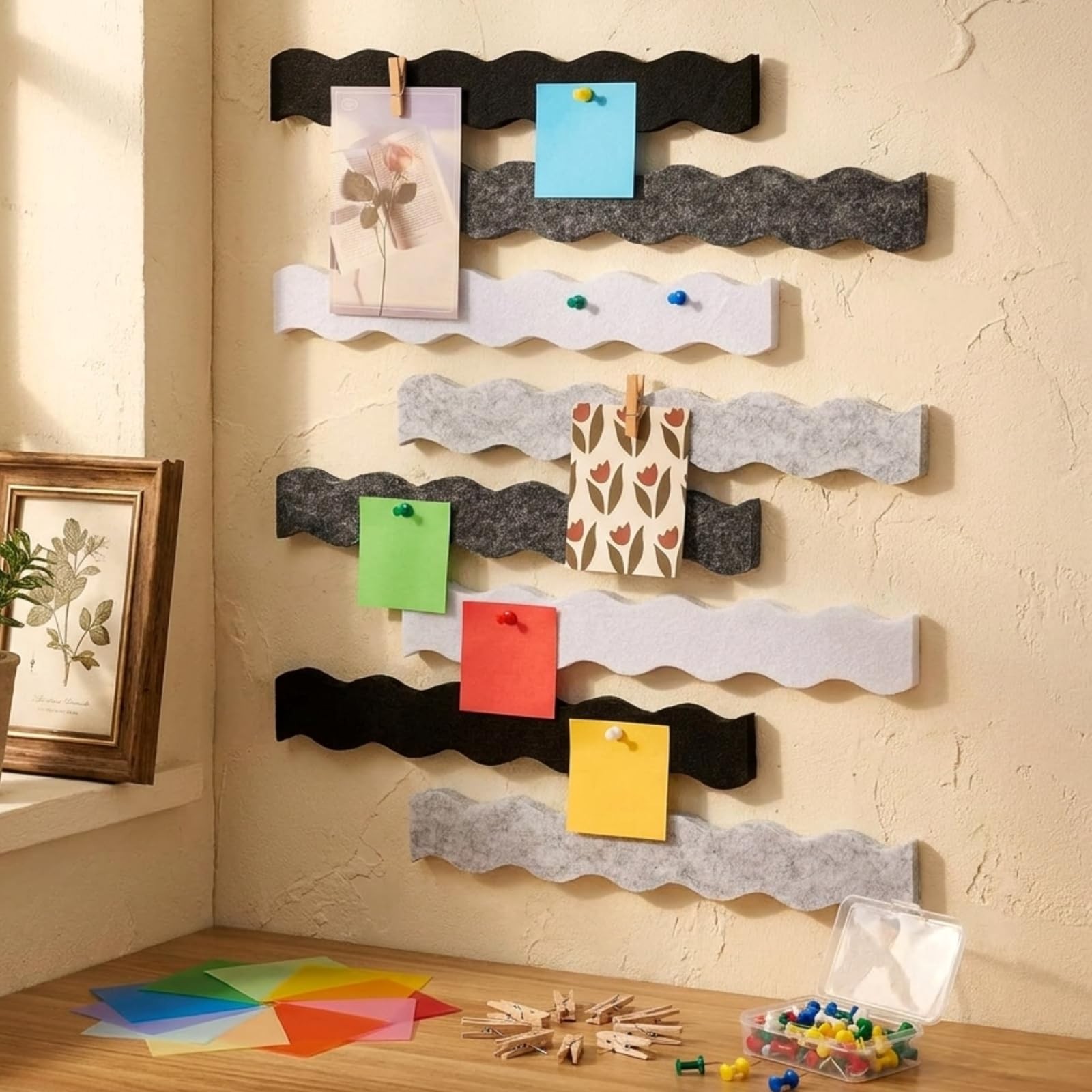 8 Pack Waved Cork Bulletin Board Strips 12" x 2" Self Adhesive Felt Pin Board...