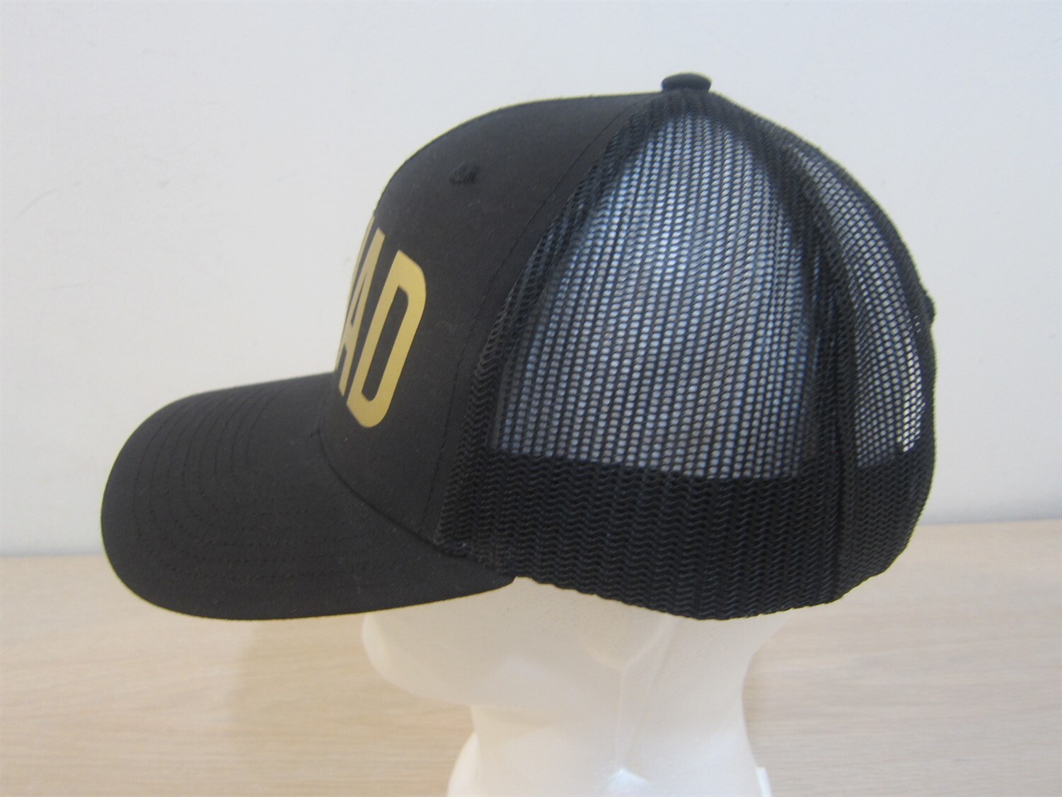 SQUAD ADJUSTABLE SNAPBACK TRUCKER/MESH HAT/CAP, BLACK/GOLD, WEDDING/PARTY