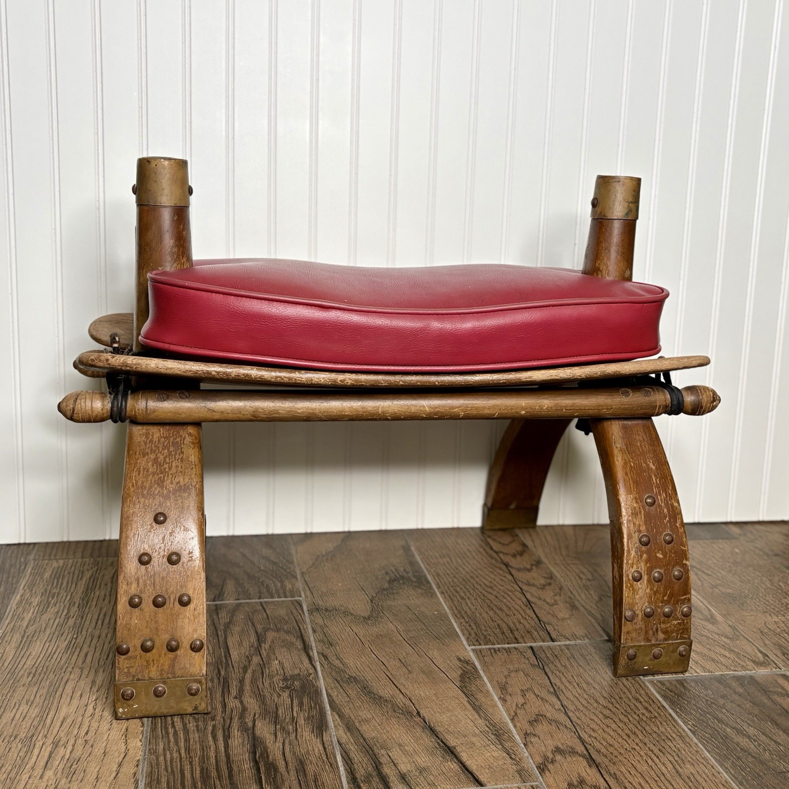 Egyptian Camel Saddle Brass Studded Wood Embossed Red Leather Seat Foot Stool