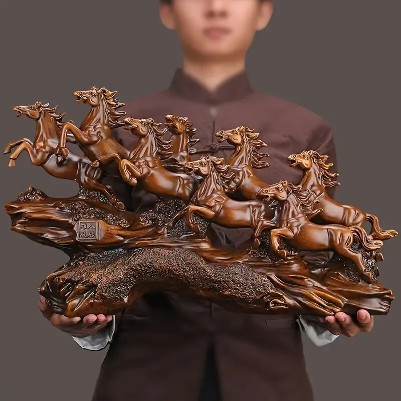New 14" Stunning 8 Horse Stampede! Woodsy Brown Resin Figurine Sculpture 8X14