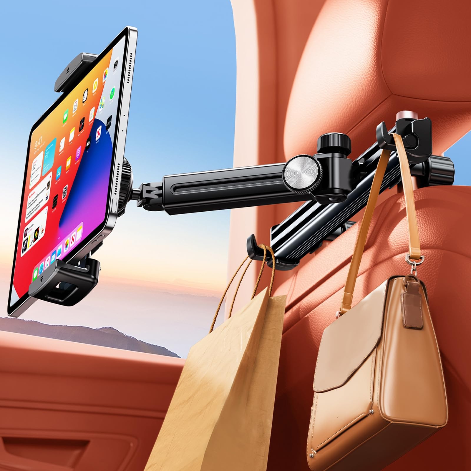 HIYJEN Extension Arm Tablet Holder for Car Headrest, Adjustable iPad Black
