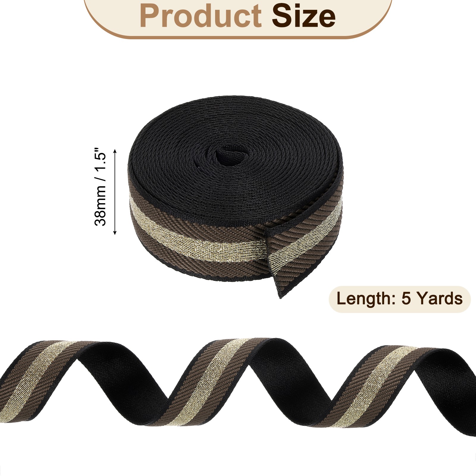 5Yards Nylon Webbing Strap, 38mm Striped Webbing Bag Strap, Brown