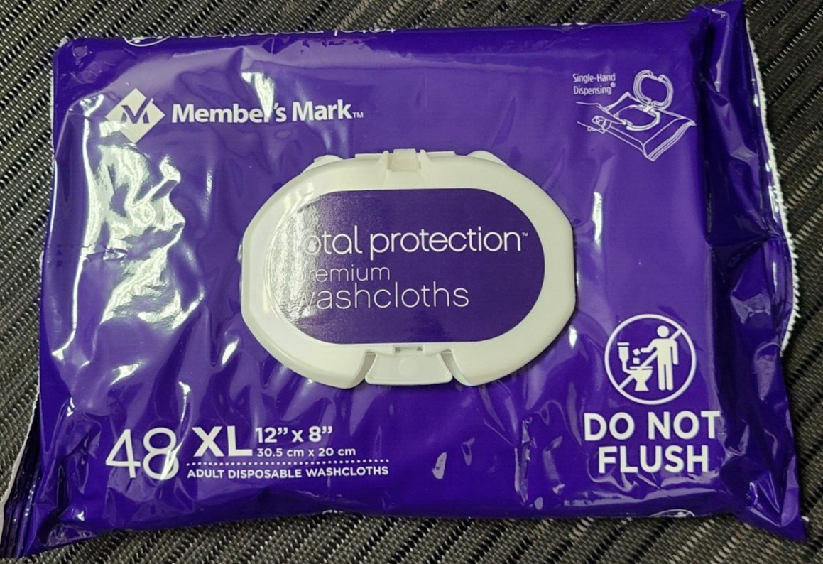 Member's Mark XL 12"X8" Premium Adult Washcloths Wipes Disposable 48 Wash Cloths