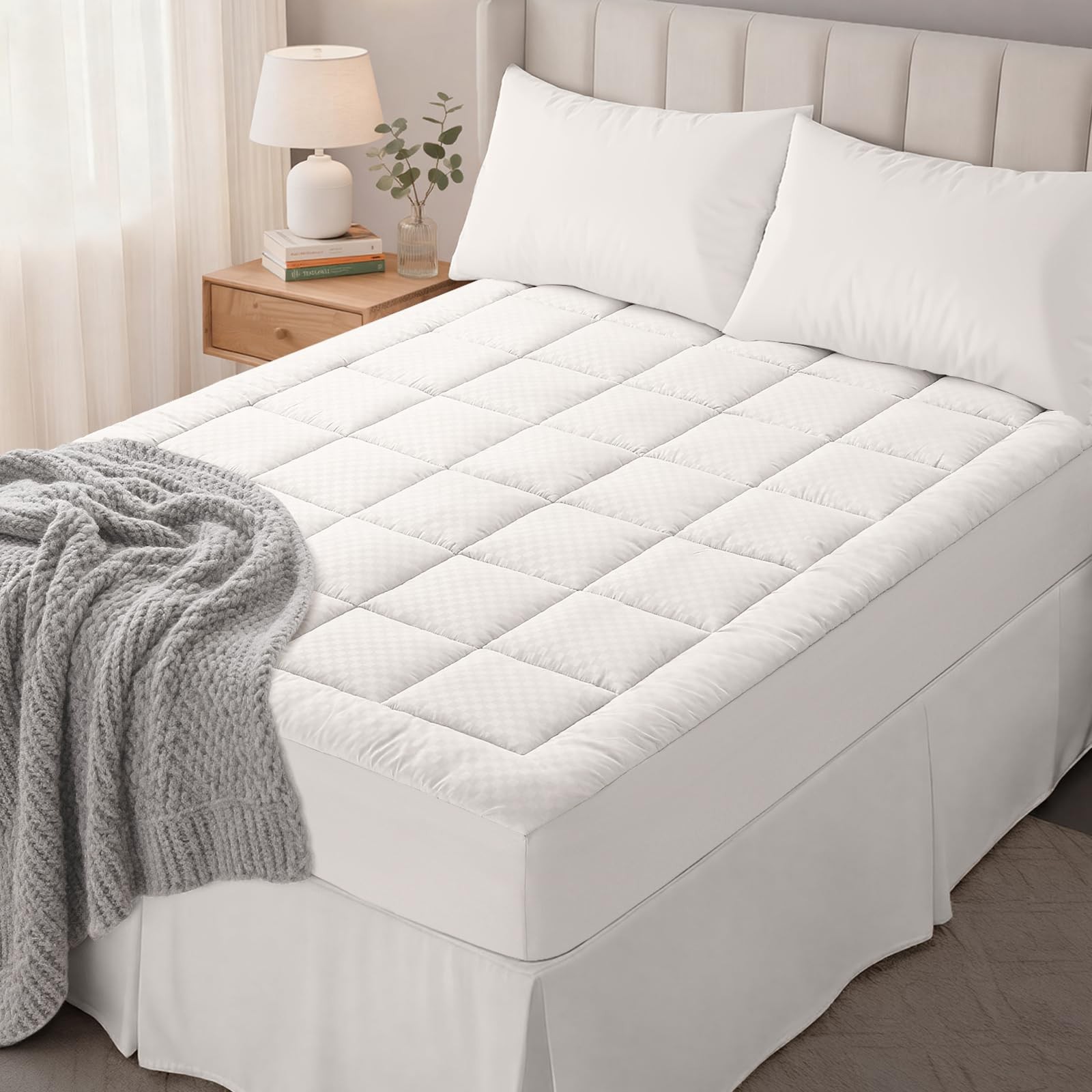 OLANLY King Quilted Fitted Mattress Pad, Elastic King, Off White