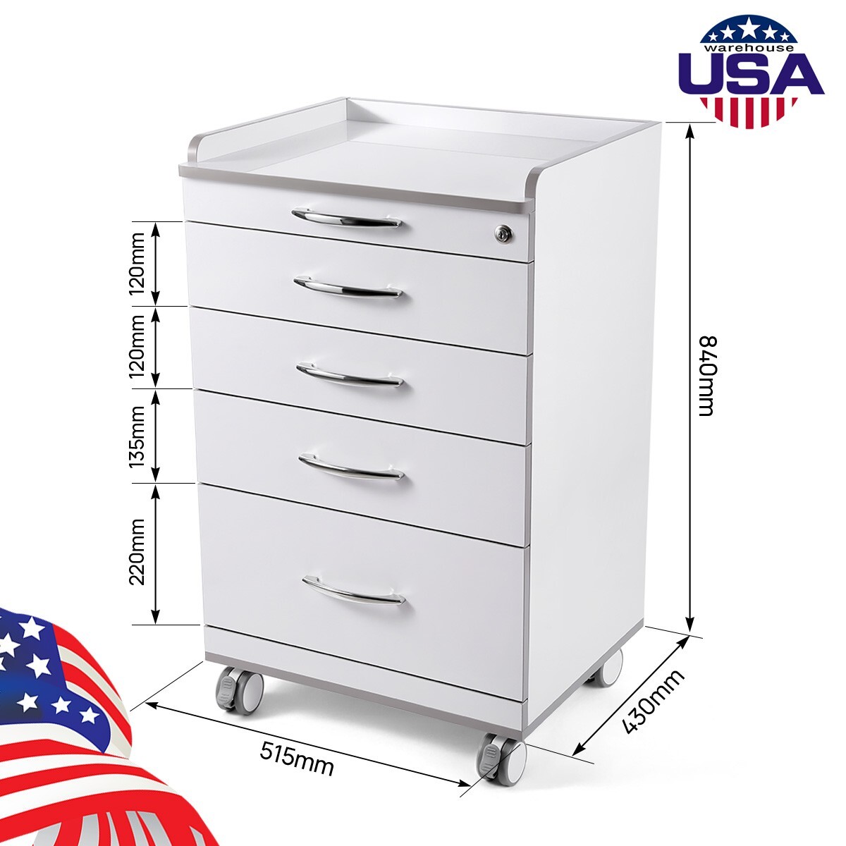 Dental Trolley Mobile Medical Tool Cart Storage Cabinet with Socket 4 Drawers