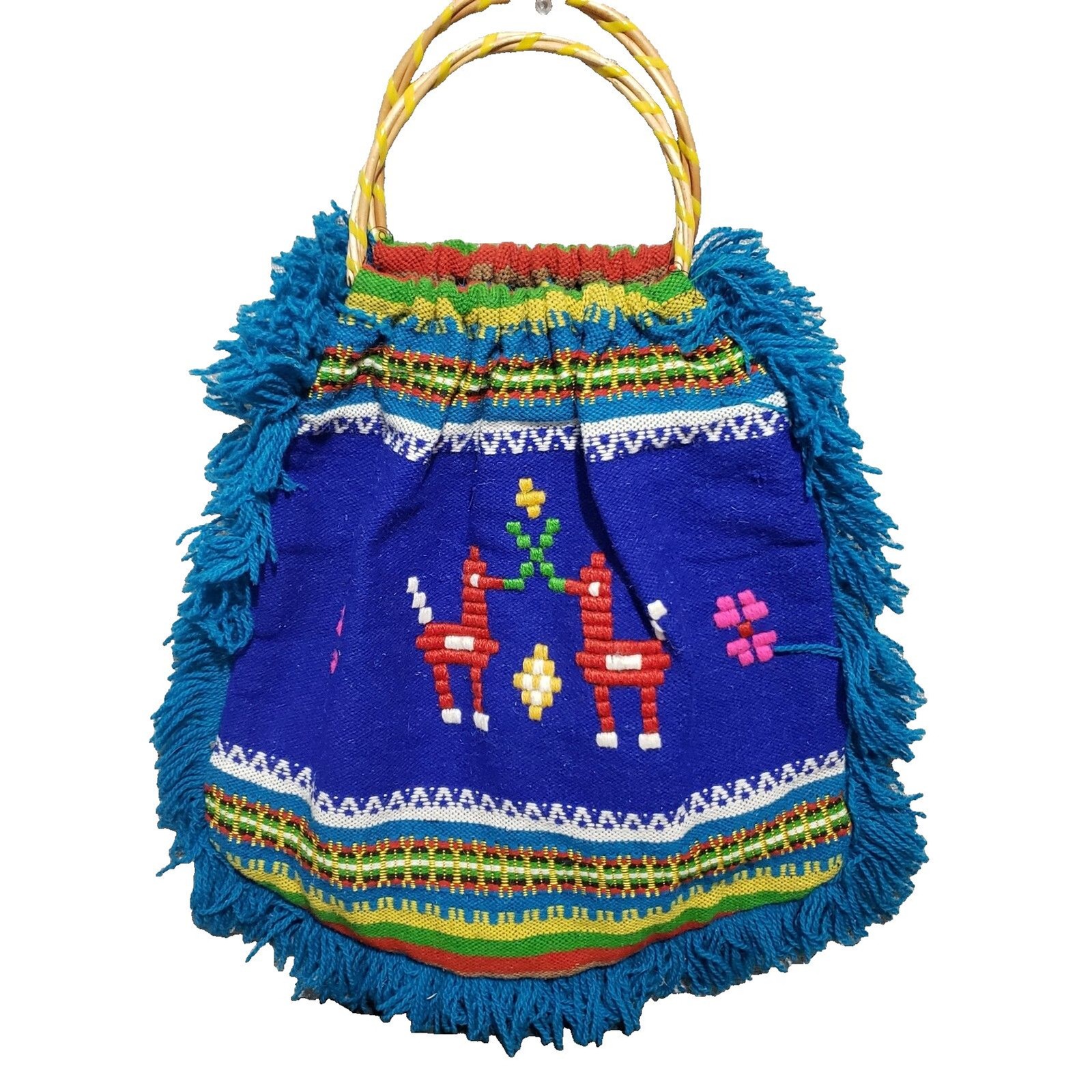 Hand Made Embroidered Wool Fringe Handle Purse Bag Bamboo Handles