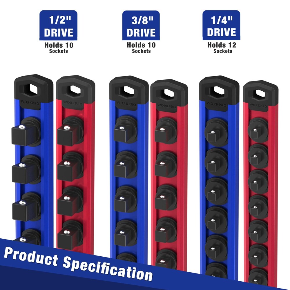 WORKPRO 6-Piece Magnetic Socket Organizer Sets Aluminum Alloy Socket Rail Holder