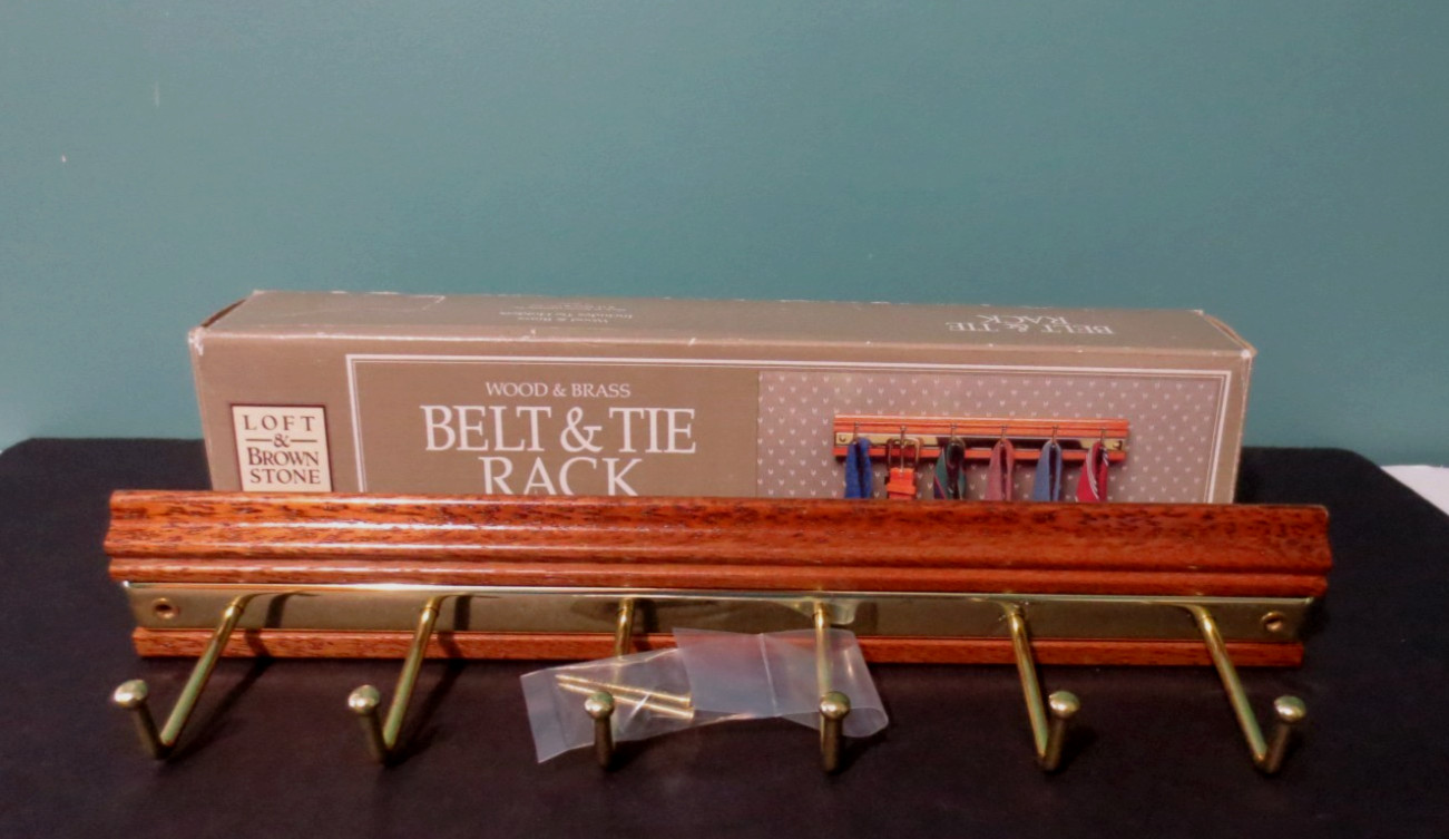 New Wood & Brass BELT & TIE RACK by Loft & Brown Stone - Fits 24 Ties - 13" x 2"