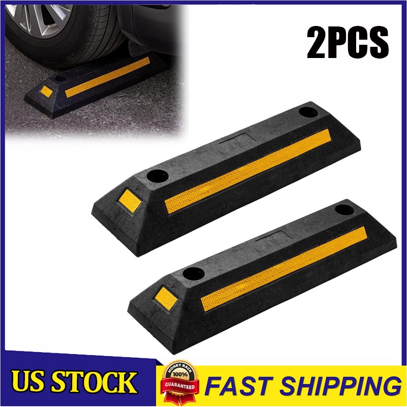 2Pcs Rubber Curb Garage Vehicle Parking Stopper Heavy Duty w/Reflective Strip