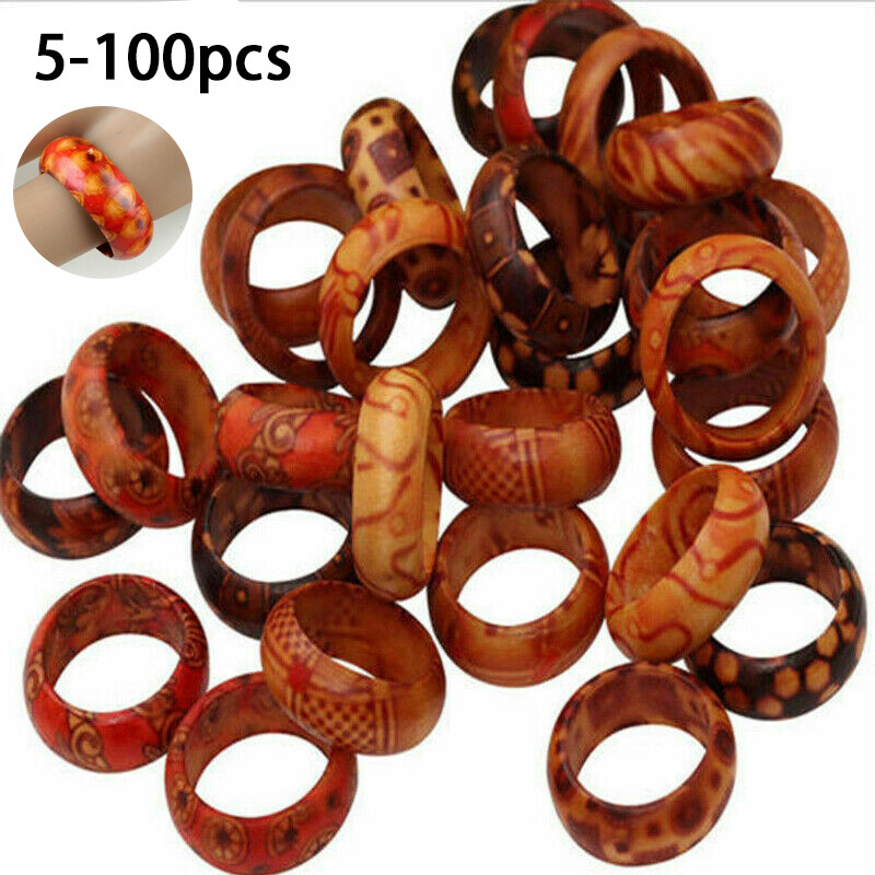 50/80/100Pcs Wholesale Band Ring Jewelry Lots Mixed Bulk Natural Wooden Rings