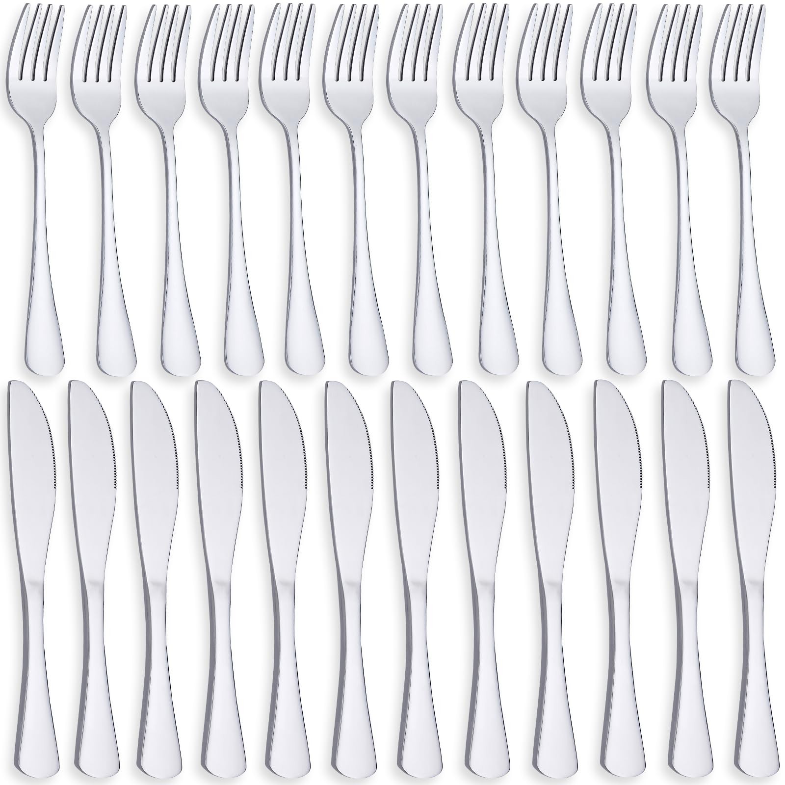 24 Piece Silverware Set with 12 Dinner Knives and 12 Dinner Forks Flatware Se...