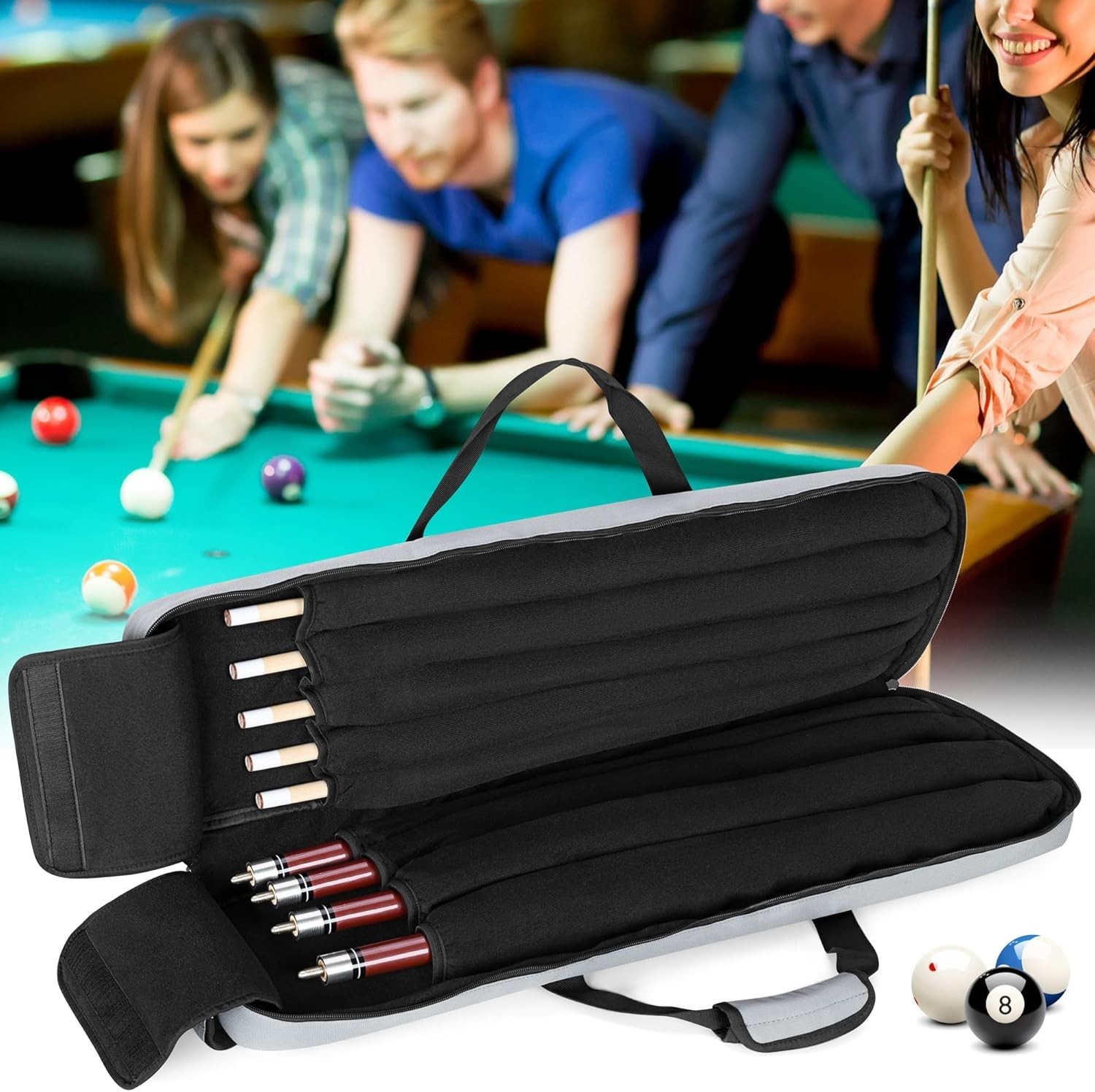Chic 4x5 Pool Cue Case with Utility Pockets & Adjustable Strap for Comfort