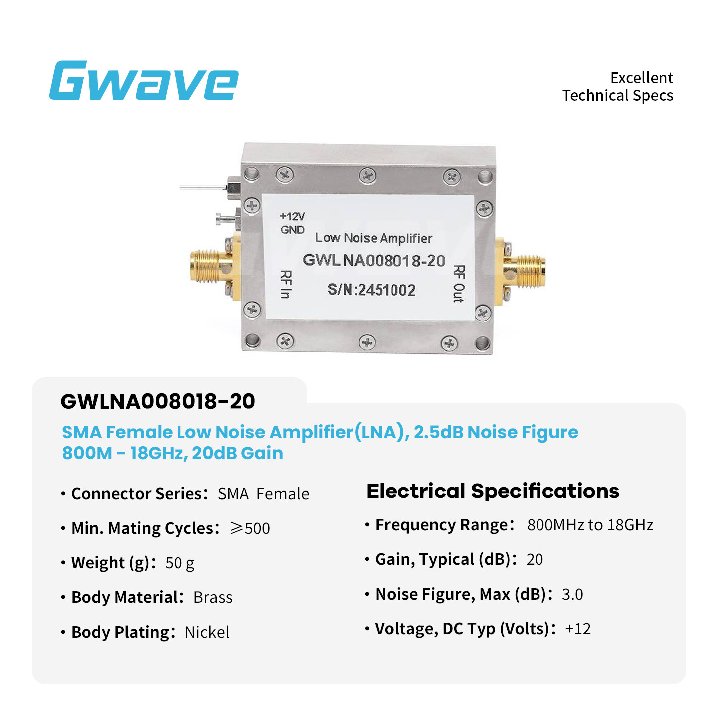 SMA Female Low Noise Amplifier(LNA), 2.5dB Noise Figure, 800M - 18GHz, 20dB Gain