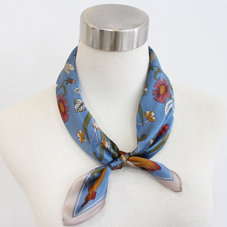100% Silk Scarf Women Blue Flower Small Hand Neckerchief Wrap Bandana 53*53cm