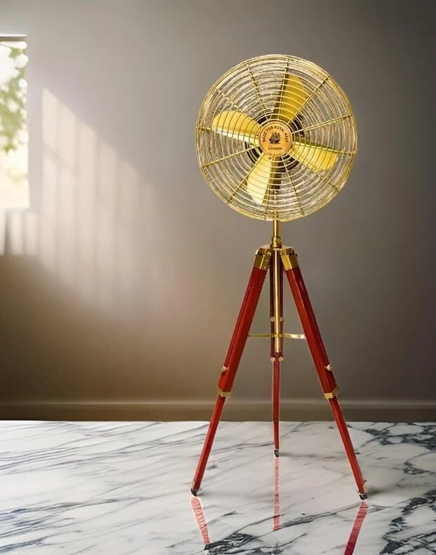 AR ENTERPRISE Handmade Brass Antique Vintage Style Pedestal Fan with Wooden Adju