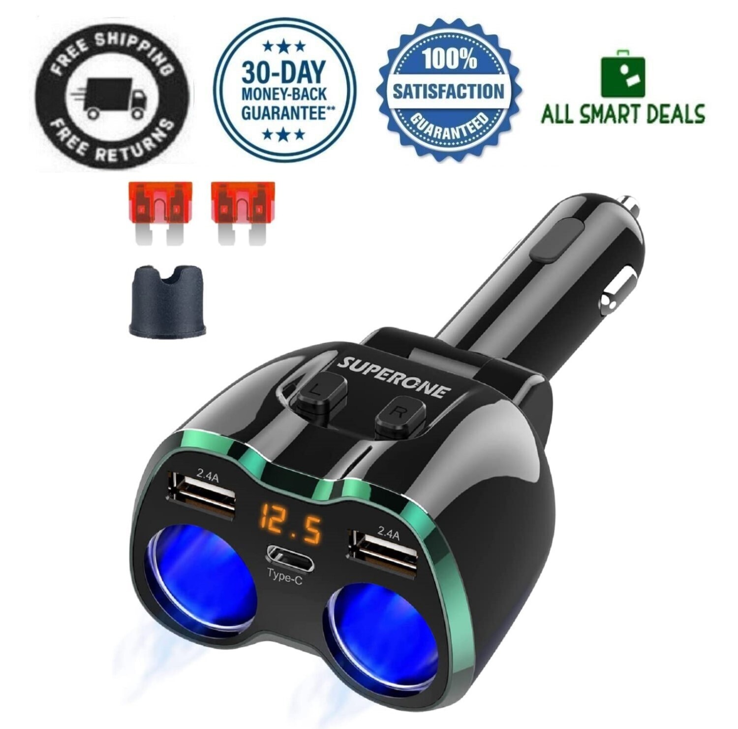 Conector Doble Para Encendedor De Carro Con 2 Salidad USB TIpo C 4 En 1 Calidad
