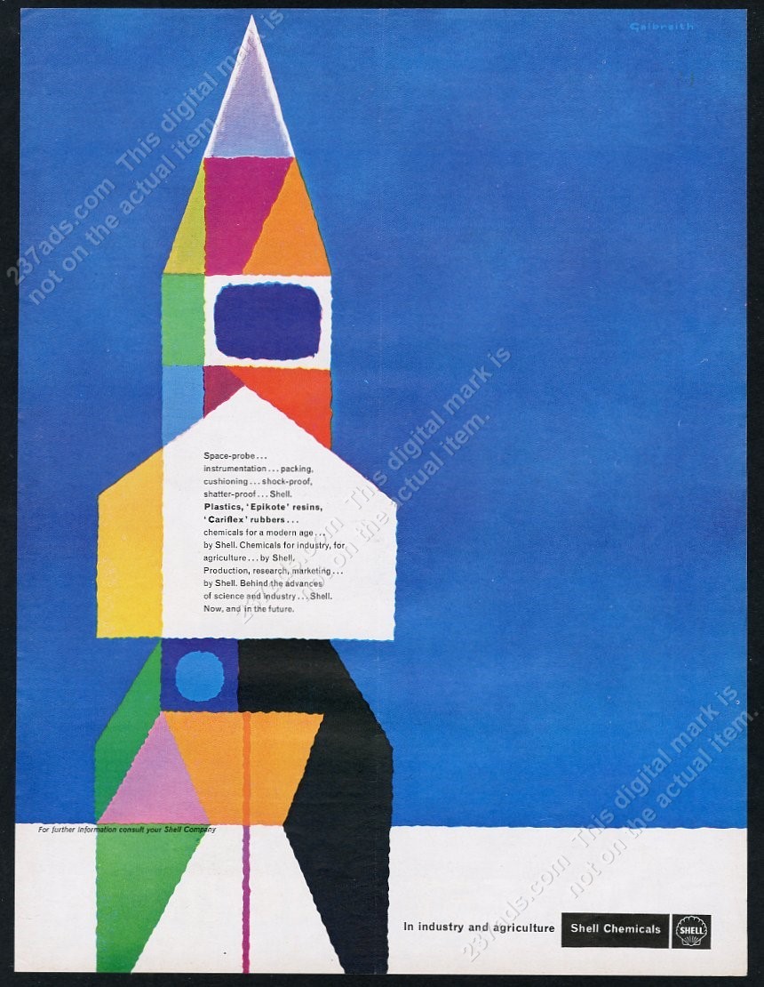 1961 Victor Galbraith modern rocket art Shell oil chemicals vintage print ad