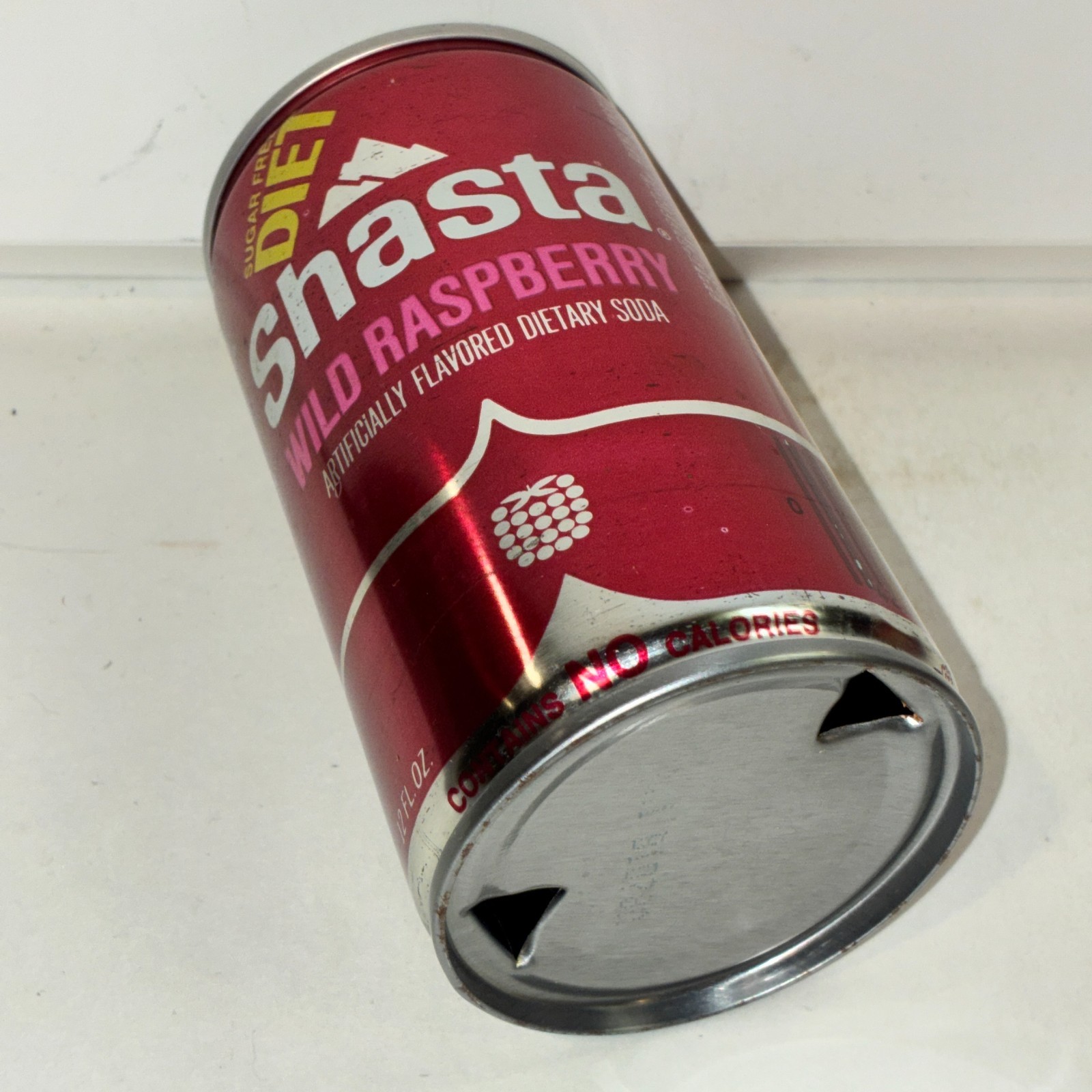 Shasta Diet Wild Raspberry Soda can, crimped steel, bottom opened