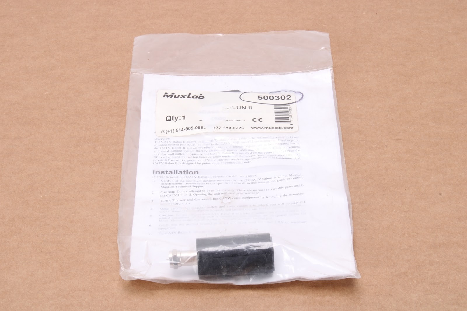 MuxLab 500302 CATV Balun II – F‑Type Male to RJ‑45 Female Video Adapter - NEW