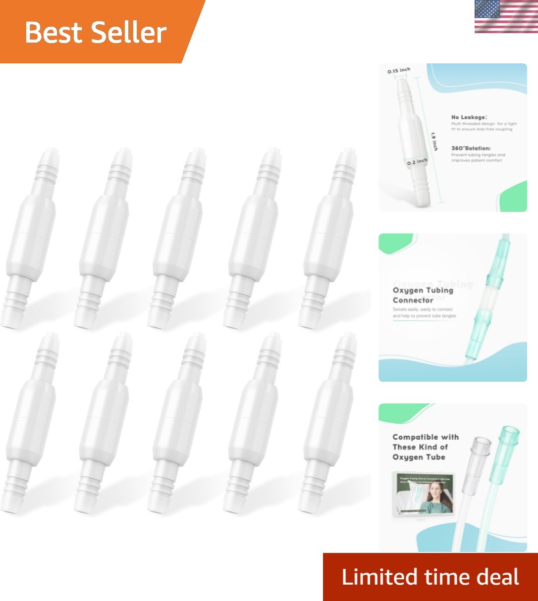 Oxygen Tubing Swivel Connectors – 10-Pack Leak-Proof 360-Degree Rotatable Oxy...