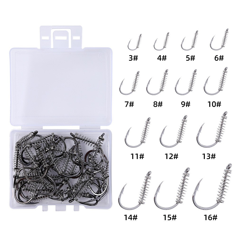 Barbed Carbon Steel Spring Hook with Integrated Bait Cage 5# through 16#
