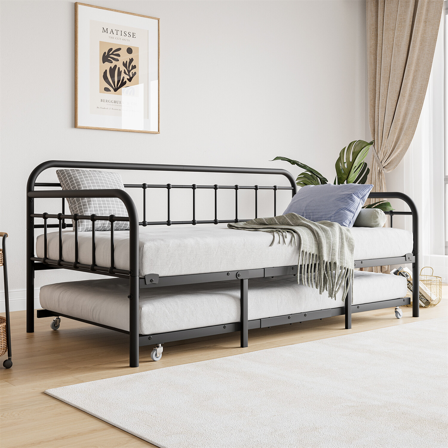 Twin Size Metal Daybed Bed Frame Sofa Bed with Pull Out Trundle Bed Black US