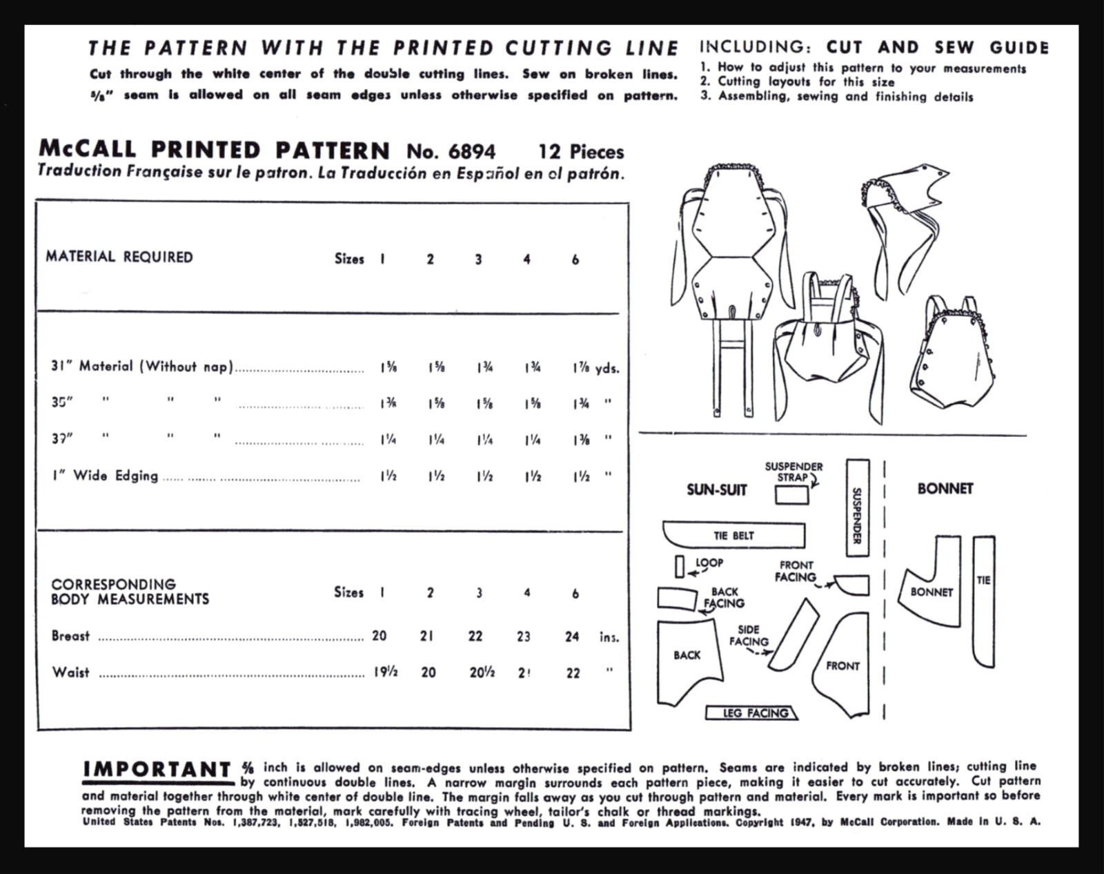 McCall 6894 Pattern UNISEX SUNSUIT Playsuit Bonnet