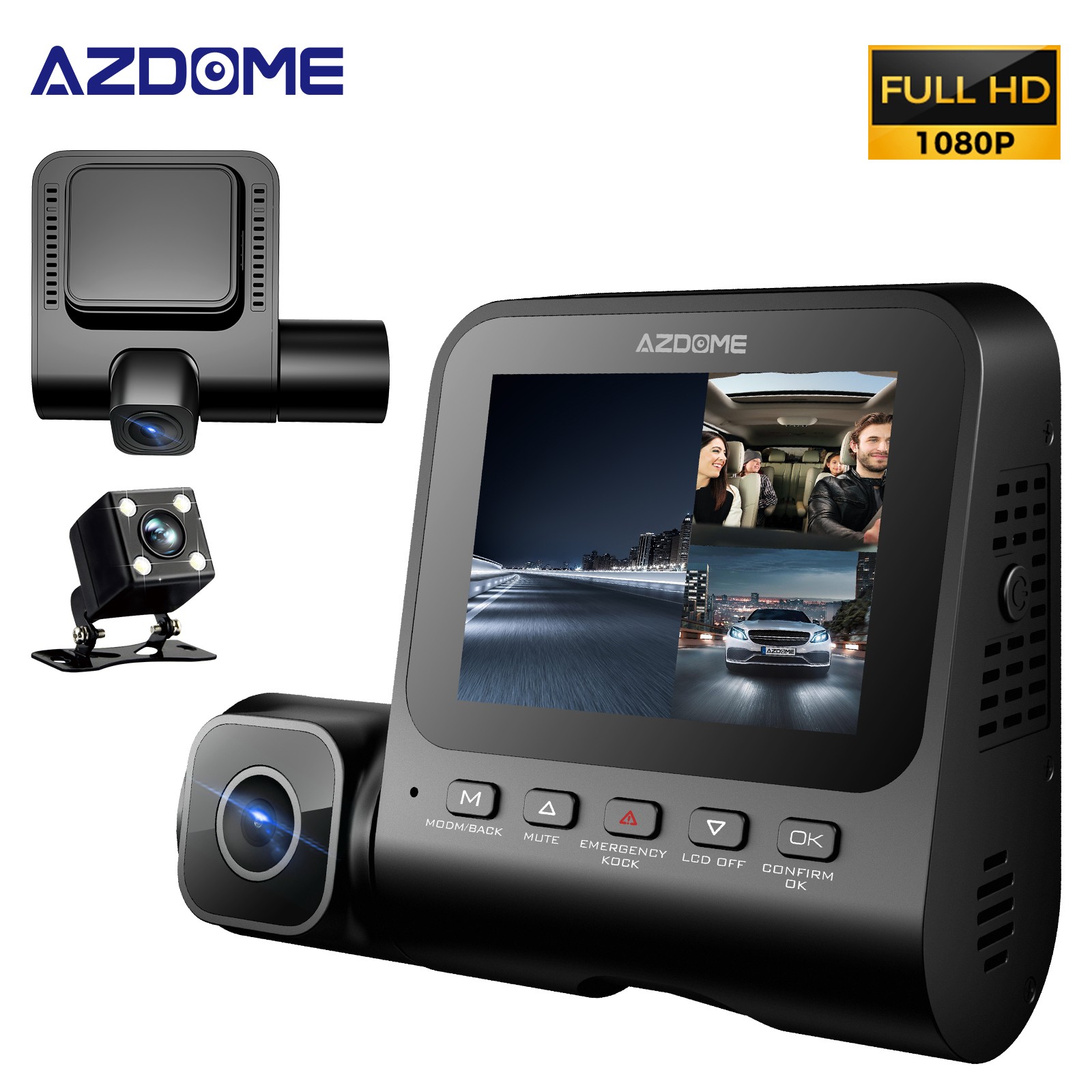 AZDOME 1080P+1080P+VGA 3 Cameras Dash Cam Park Monitor 3" Night Vision Park Mode