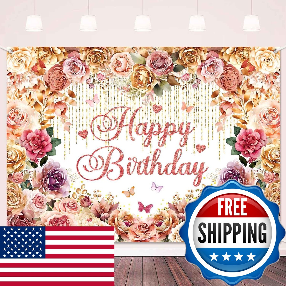 LDWLYW 8x6ft Rose Flower Happy Birthday Backdrop Banner Rose Gold Pink Flowery