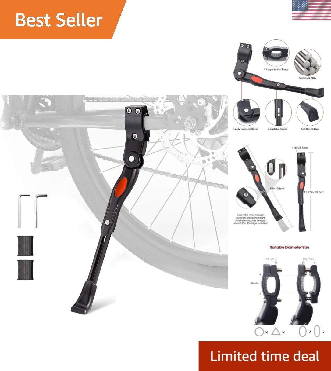 Adjustable Aluminum Bike Kickstand for 22''-26'' Bikes - Safety & Stability