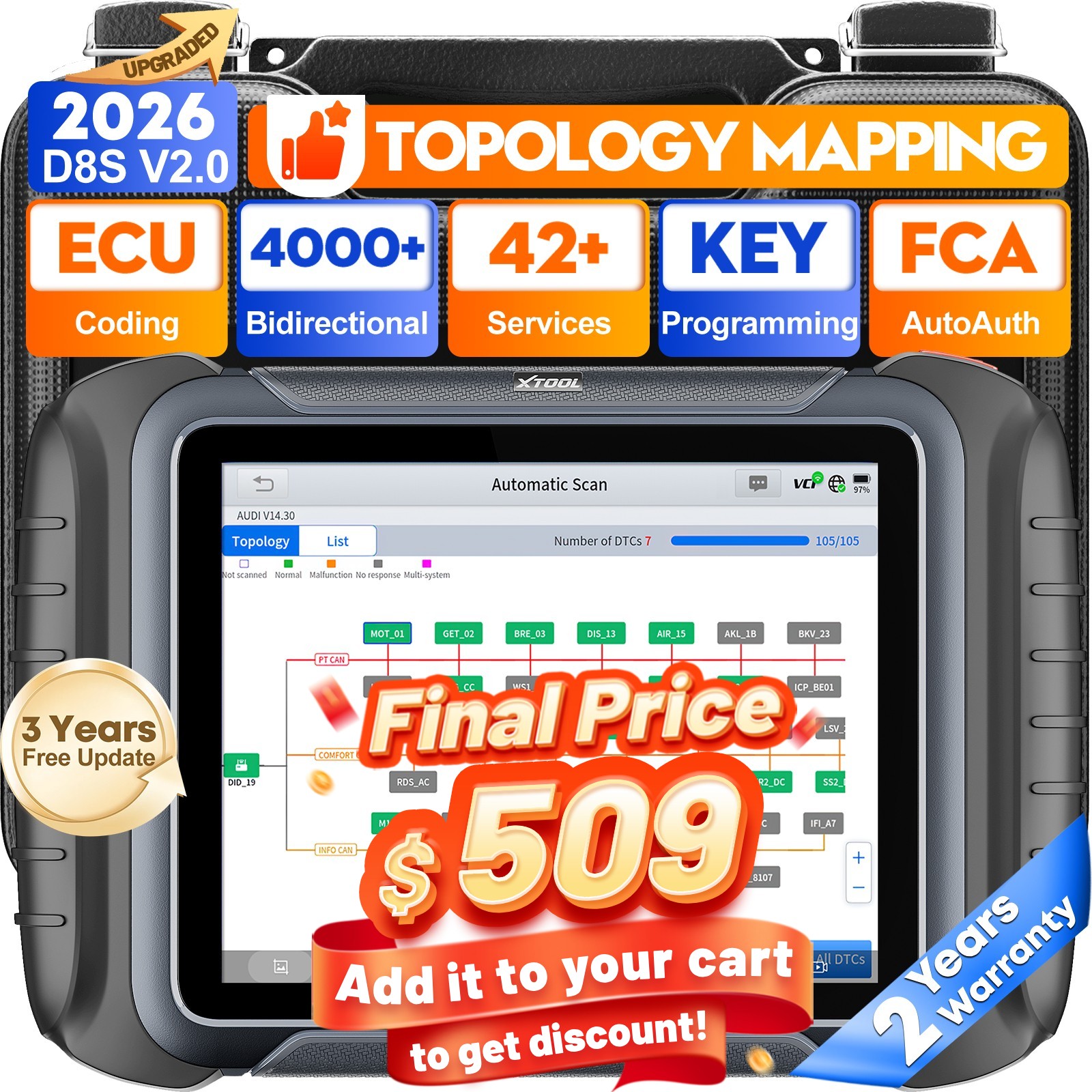 XTOOL D8S V2.0 Auto Diagnostic OBD2 Scanner ECU Coding Topo Mapping 42+ Services