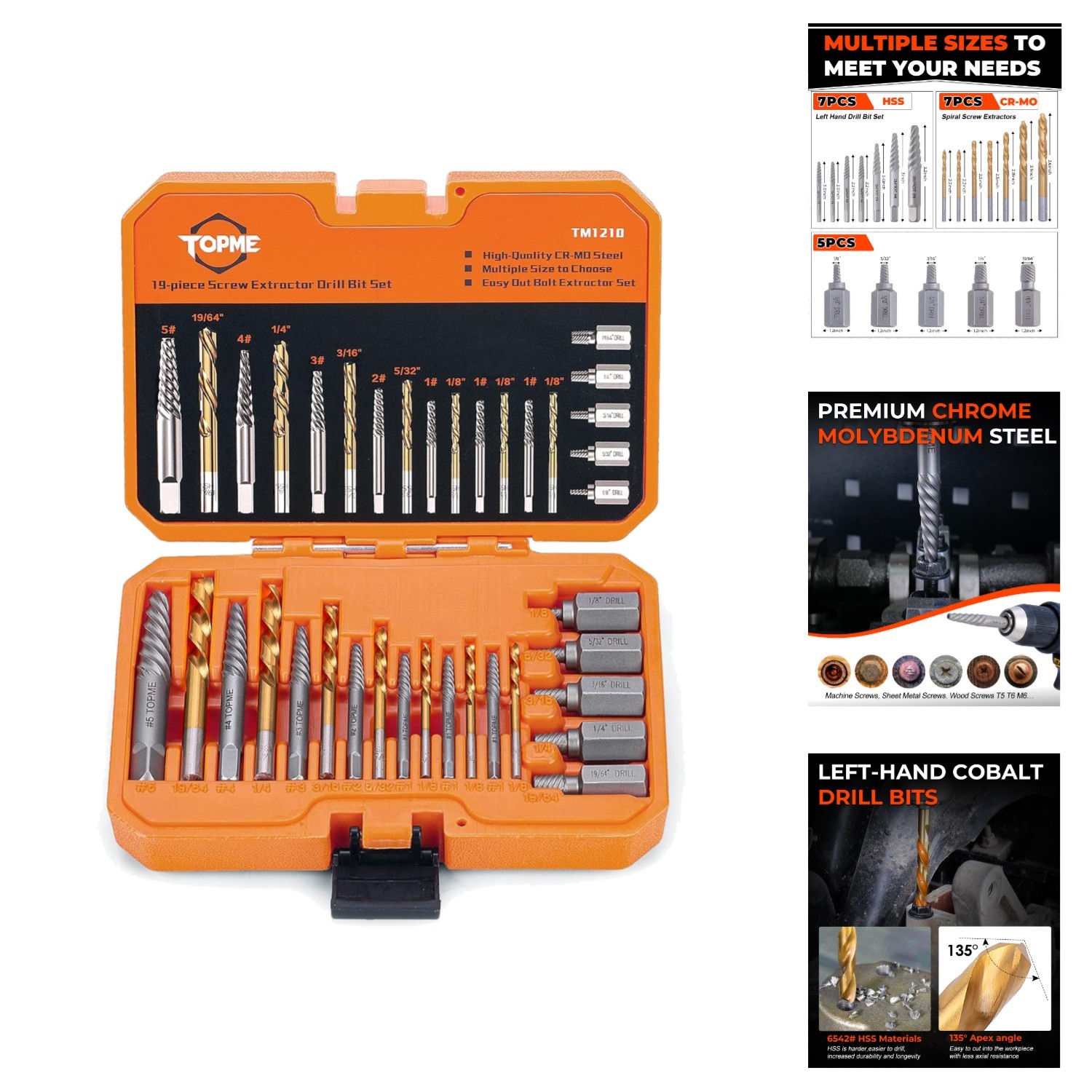 19pc Screw Extractor & Left Hand Drill Bit Set Damaged Bolt Easy Out Remover Kit