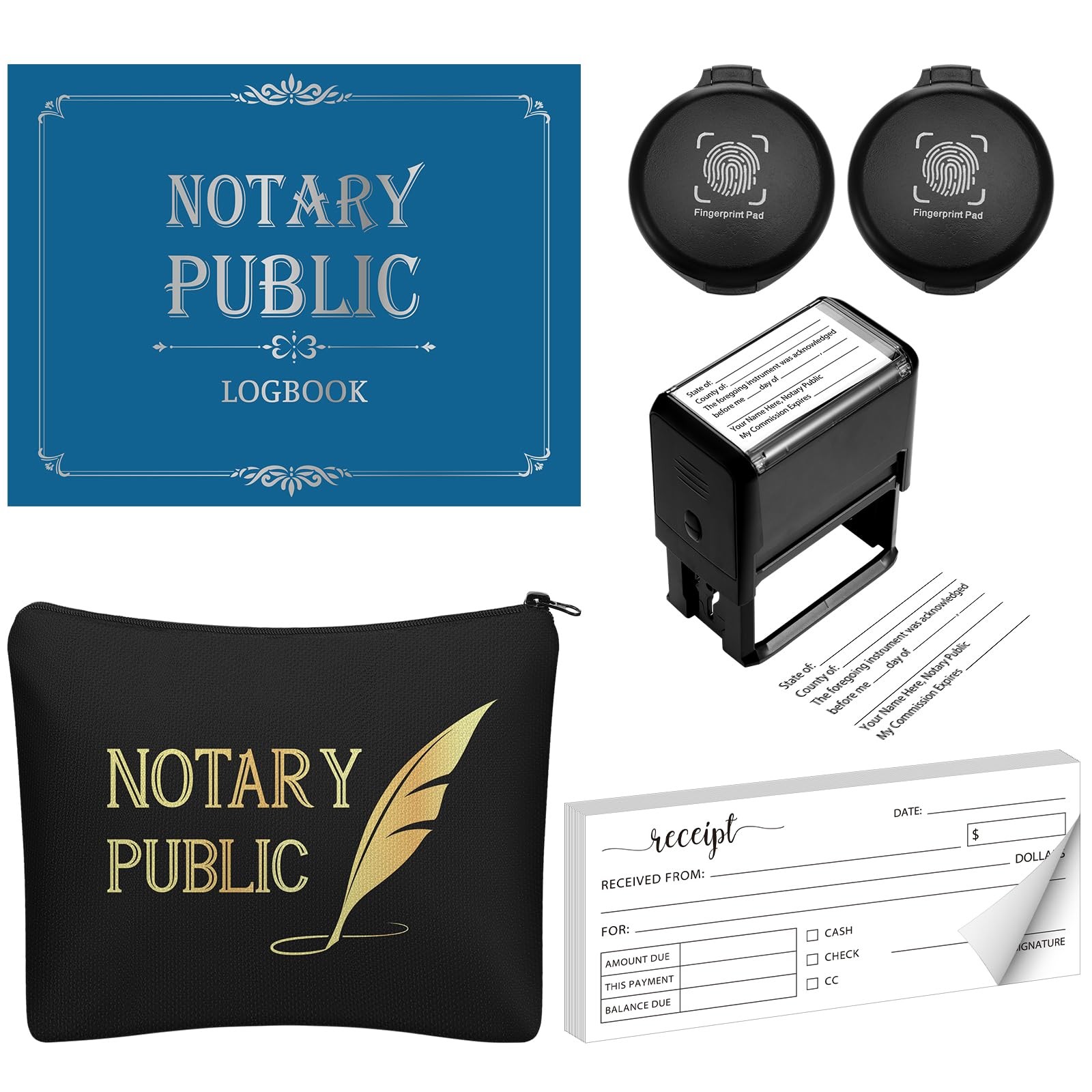 6 PCS Notary Journal Log Book Ink Pad Stamp Bag Invoice Receipt Book Set
