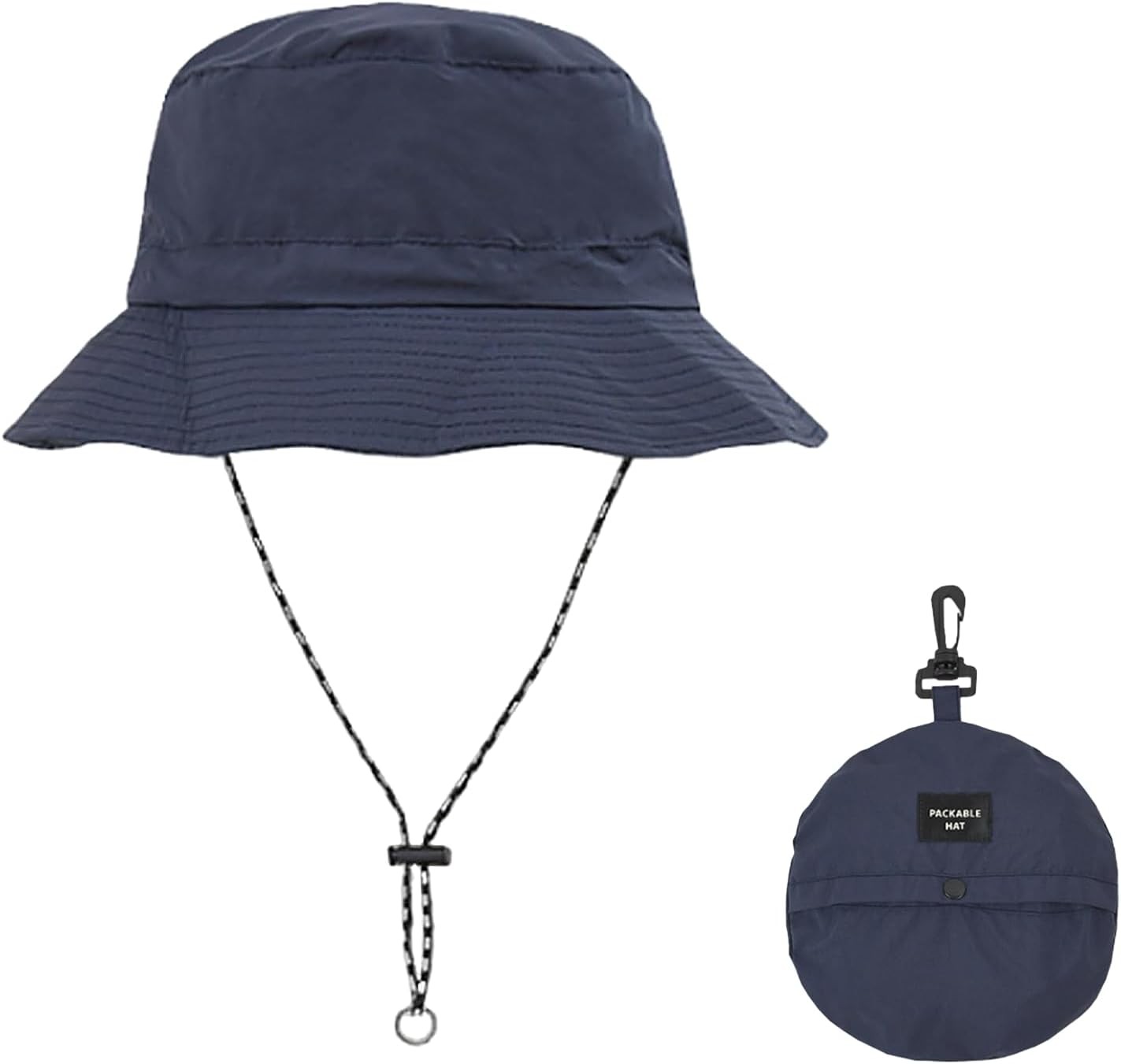 Waterproof Bucket Rain Hat with Chin Strap, Packable Sun Medium, Navy Blue