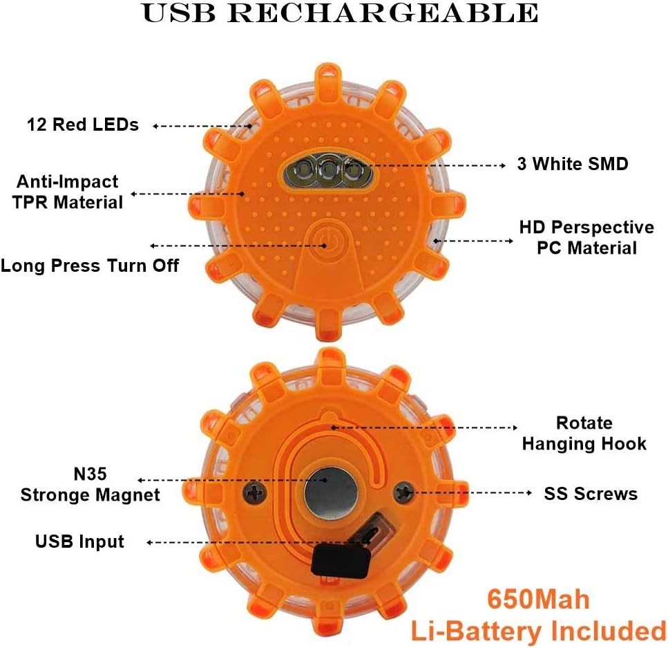 3Pack LED Road Flares USB Rechargeable Emergency Warning Beacon Magnetic Base