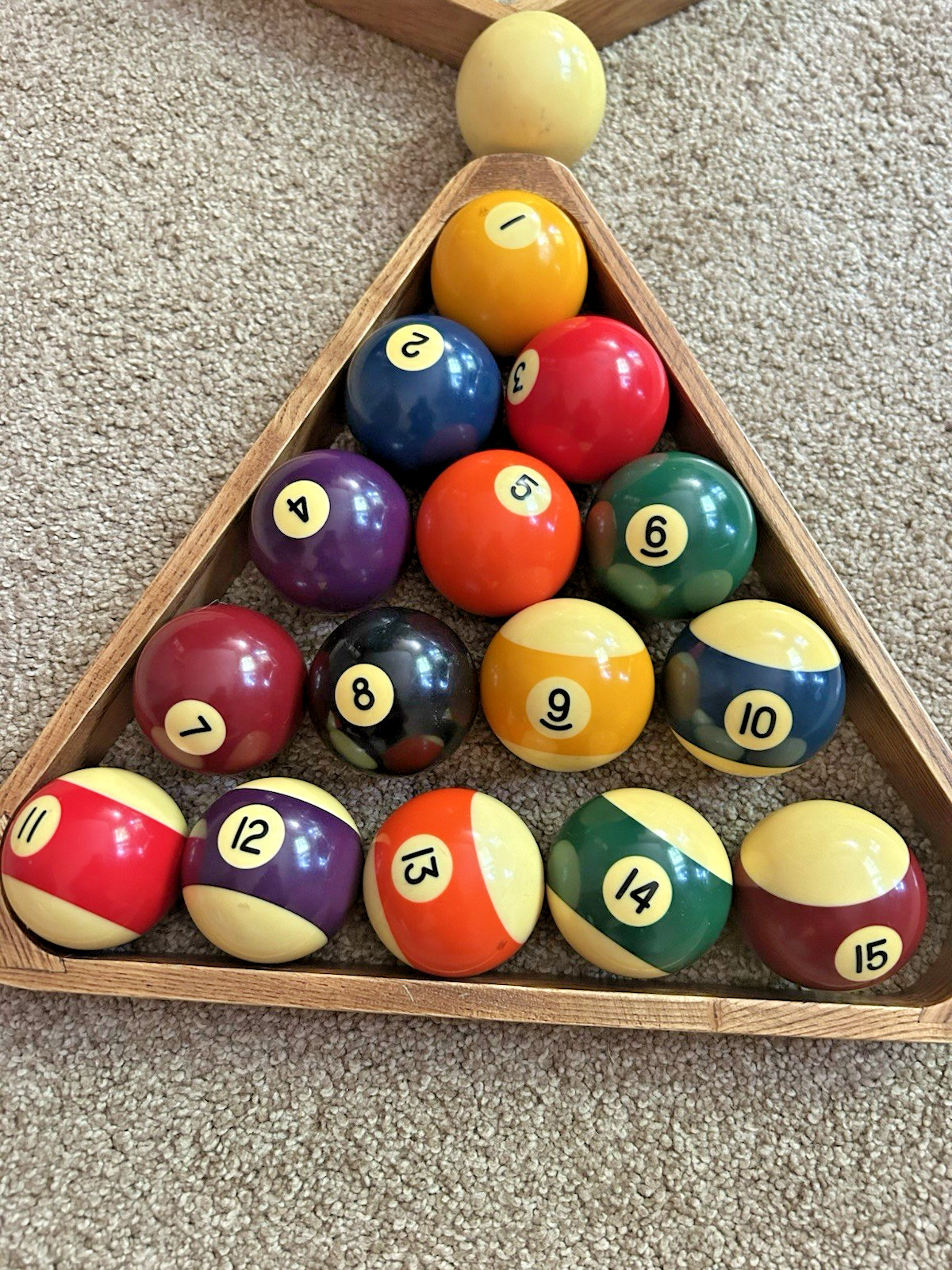 Billiard Ball Set with Wooden Triangle Rack & 9 Ball Rack W/QUE BALL VINTAGE