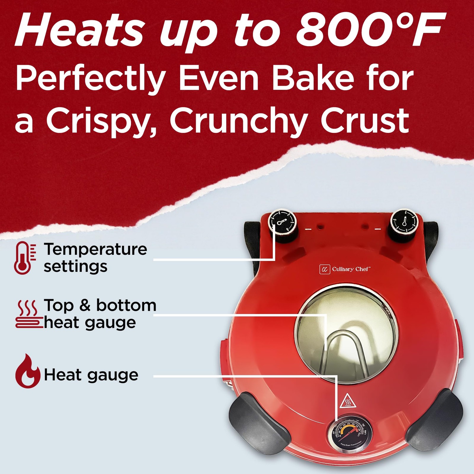 CULINARY CHEF Electric Pizza Oven with Ceramic Stone, Viewing Window, Adjustable