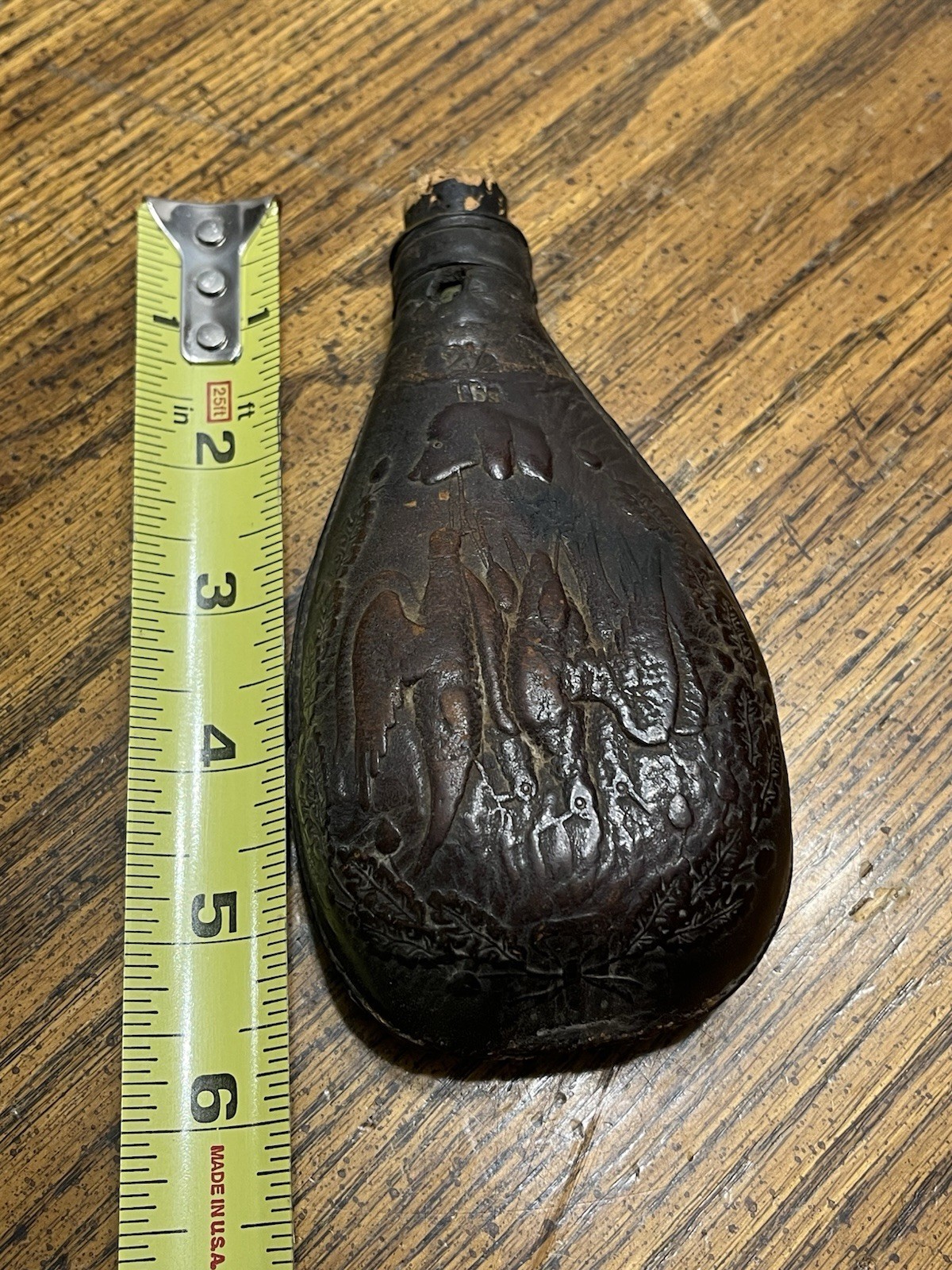 Antique 1800s Civil War Era Leather Embossed Duck Hunting Black Powder Flask