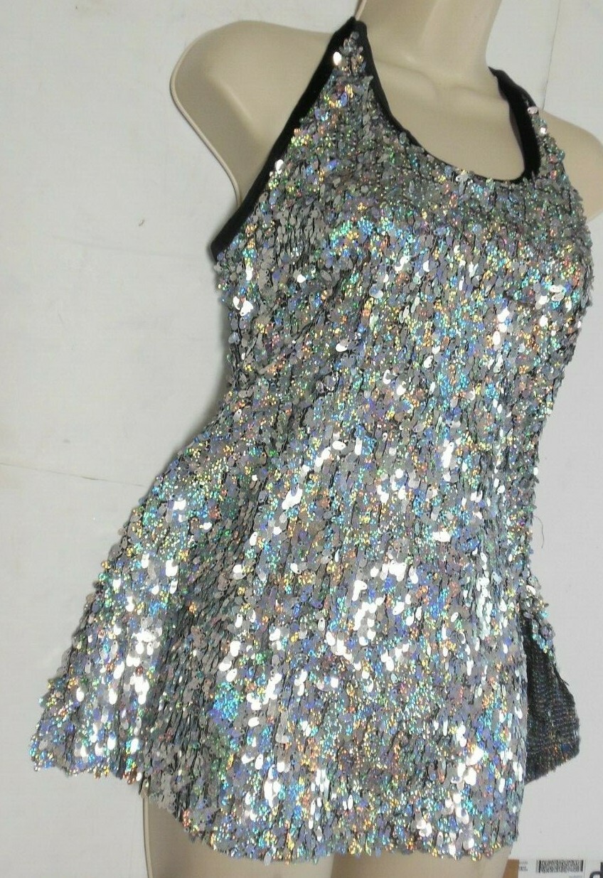 Sequin Teardrop Halter Dress Top Hologram Silver Ch/Ladies Blk Velvet trim