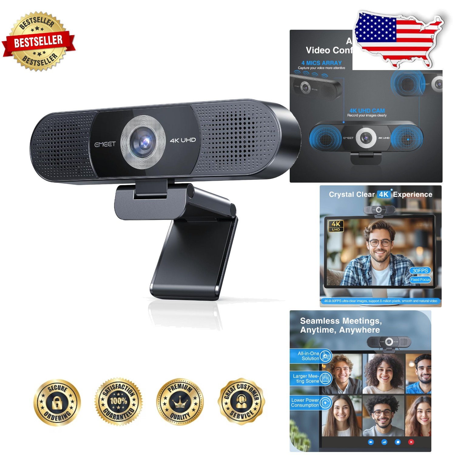 All-in-One 4K Webcam: 4 Mics, 2 Speakers, Privacy Shield, Wide Angle