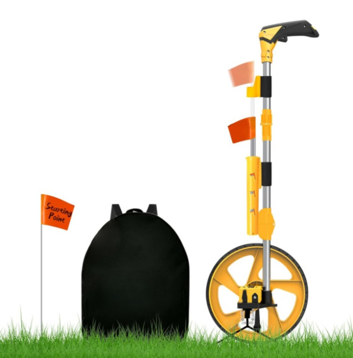 Rueda de medición plegable con banderas y mochila, ideal para trabajos de campo