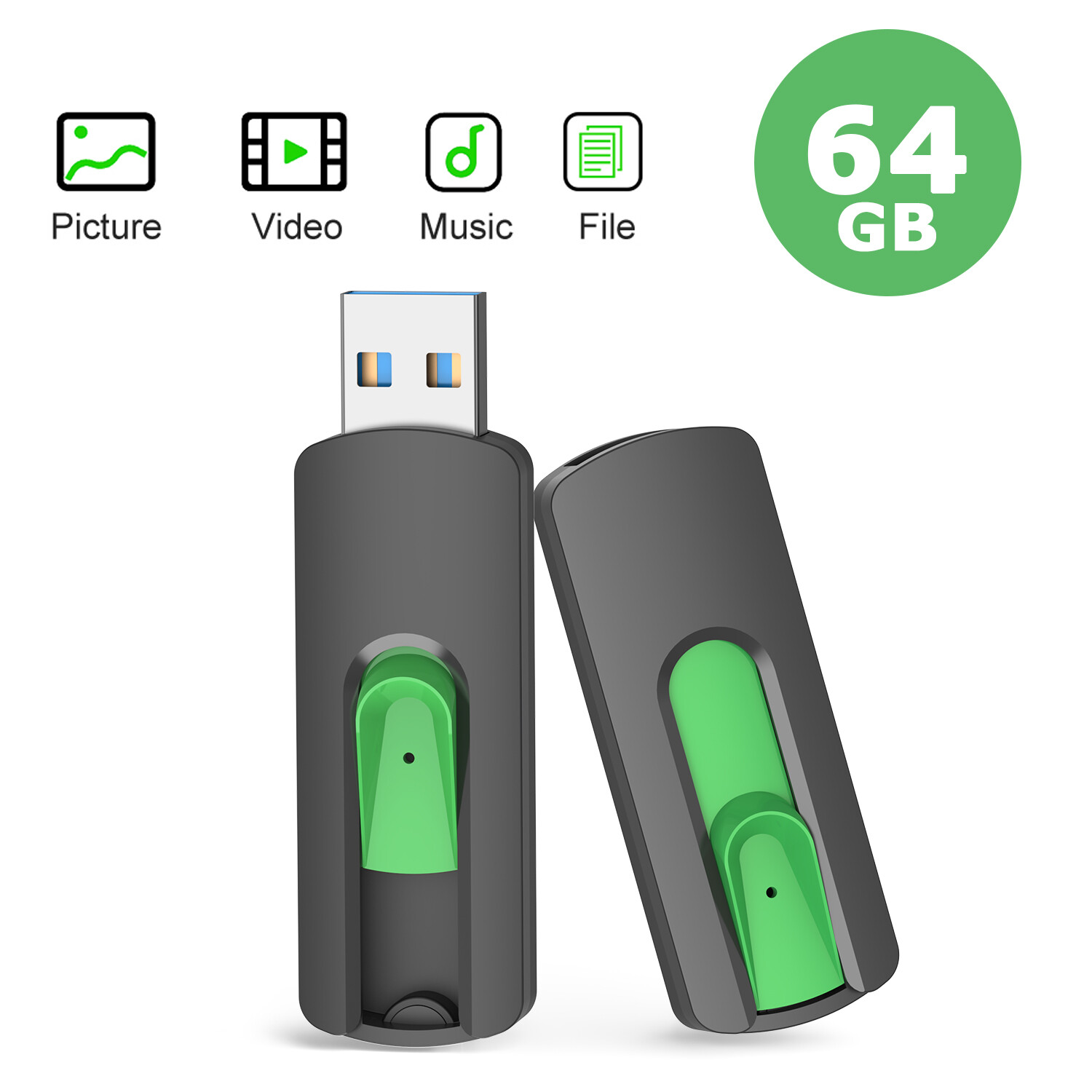 2PCS 64GB USB 2.0 Flash Drive Thumb Drive Retractable Portable U-Disk for Laptop
