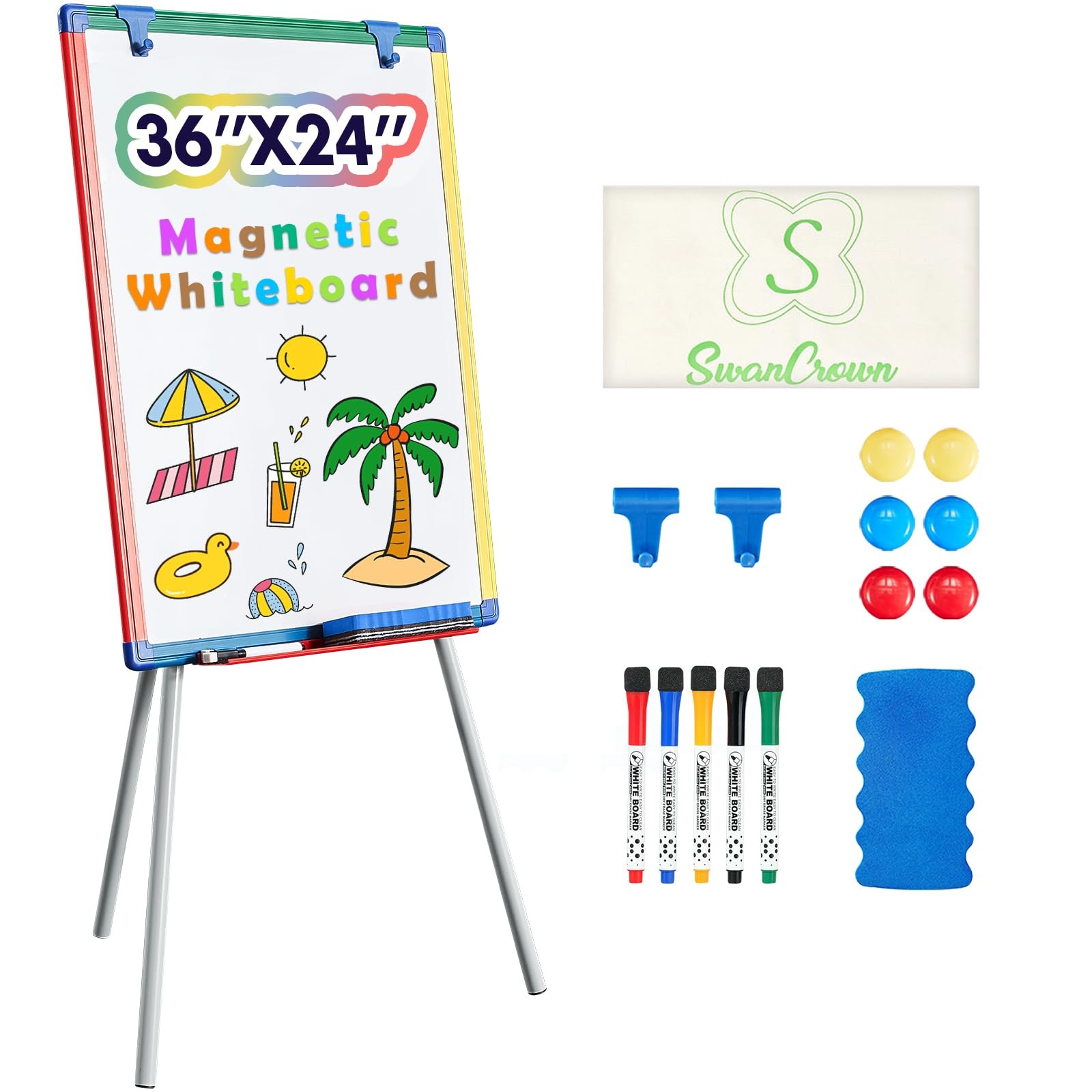 Magnetic Easel for Kids - Height Adjustable 36"W x 24"H, Whiteboard Easel-v