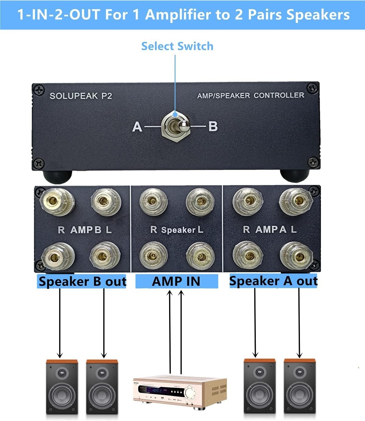 Versatile RCA Amp Switcher - Select 2 Speakers or 2 Amplifiers with Ease