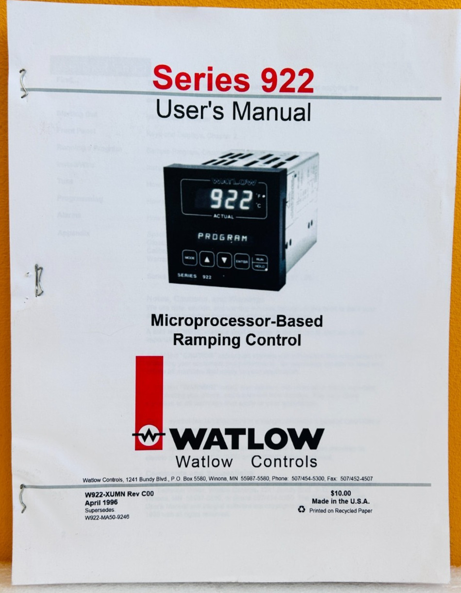 Watlow Controls W922-XUMN Series 922 User's Manual.