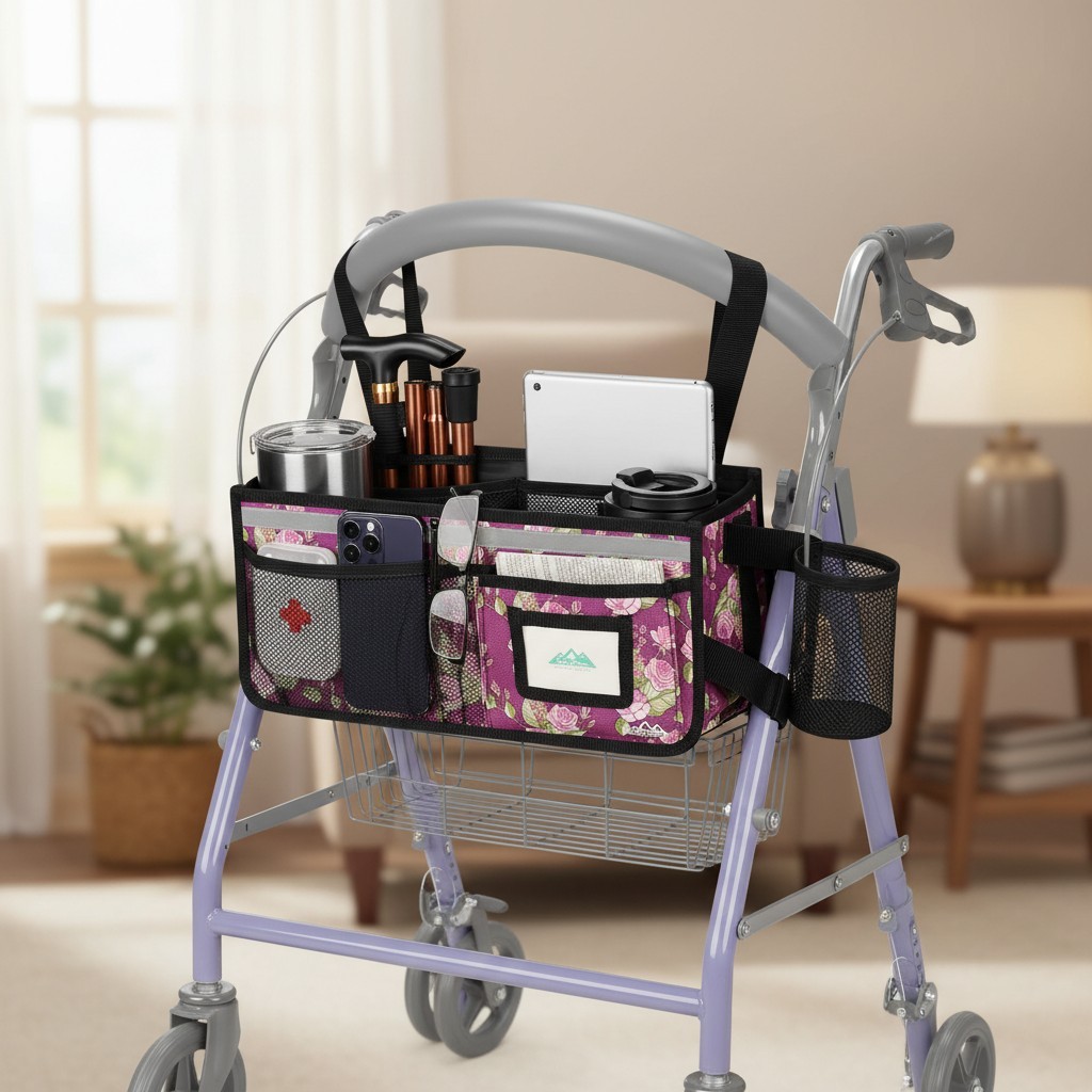 Elegant Rollator Walker Bag with Cup Holder - Waterproof & Spacious Design