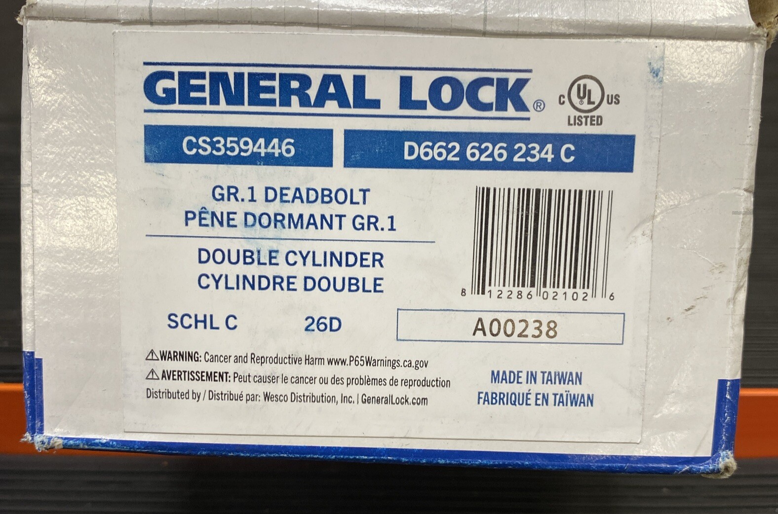 General Lock Double Cylinder Deadbolt. Brushed Nickel. CS359446. D662 626 234 C